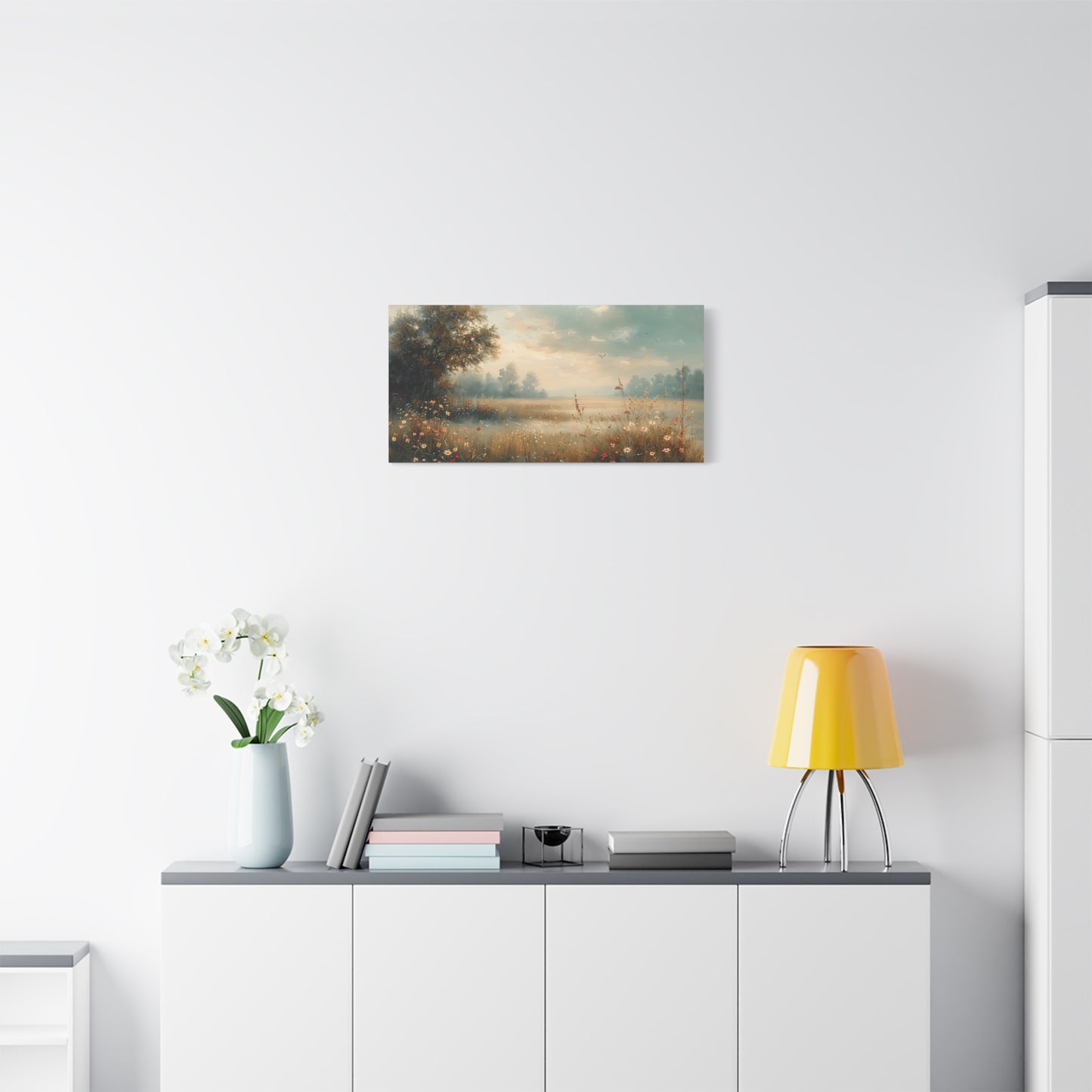 Serene Meadow Dawn Canvas Wall Art - Muted Impressionist Landscape Print