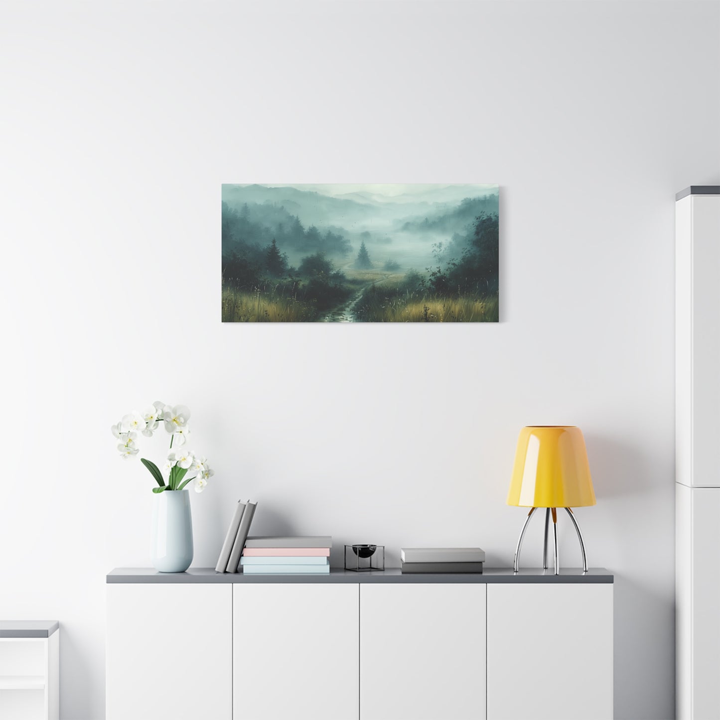 Rain-Soaked Countryside Canvas Print - Moody Gray Landscape Wall Art