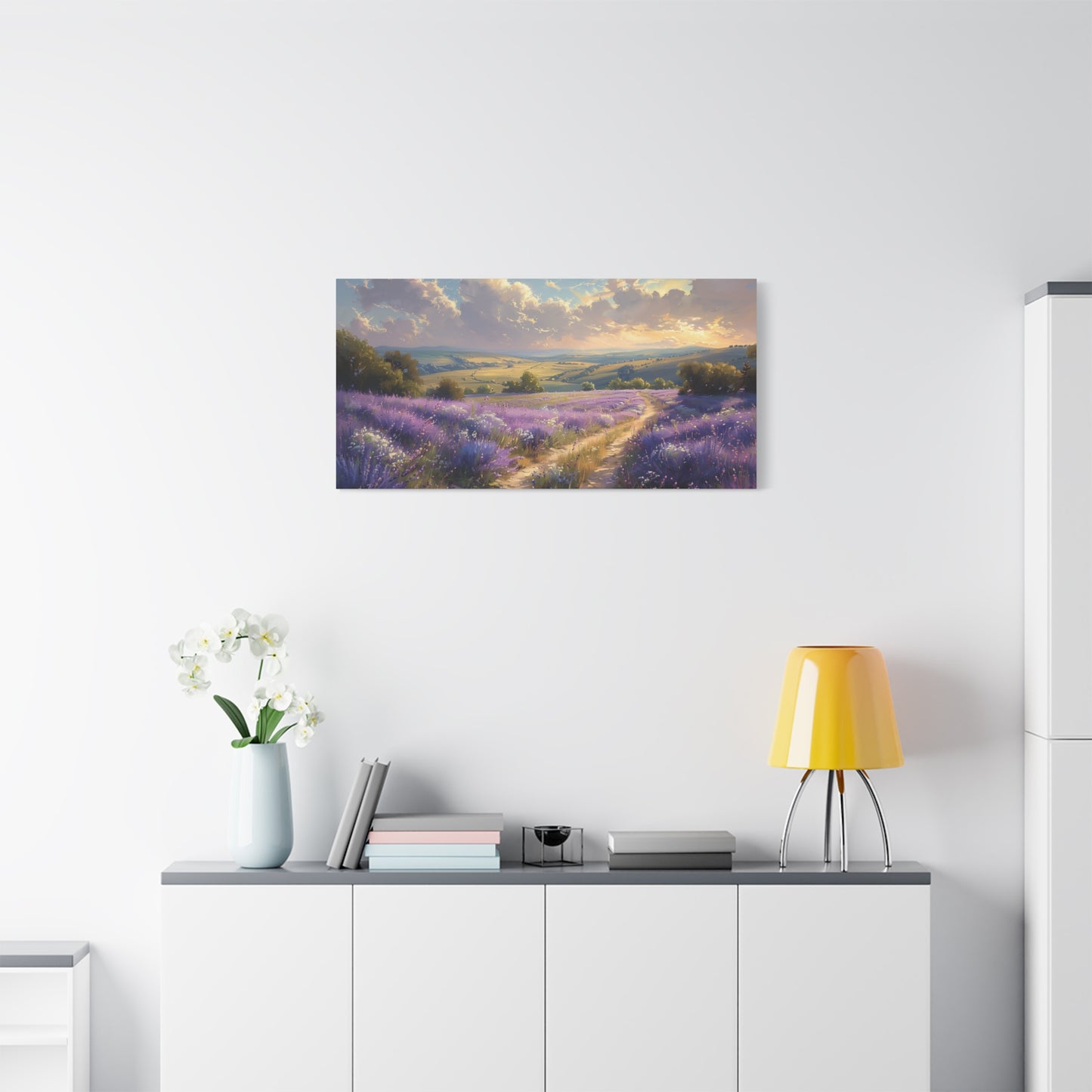 Lavender Fields Canvas Art - Muted Floral Landscape Wall Print