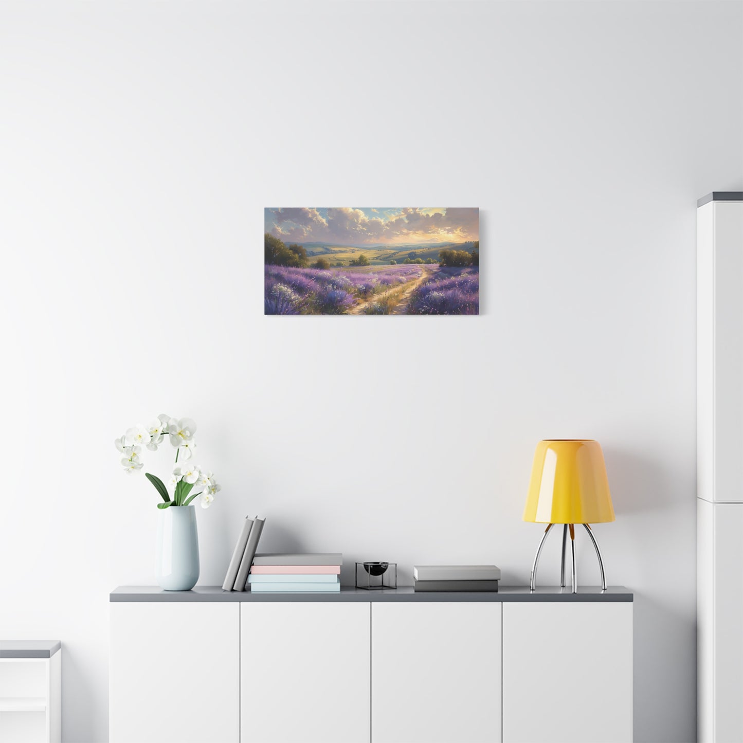 Lavender Fields Canvas Art - Muted Floral Landscape Wall Print