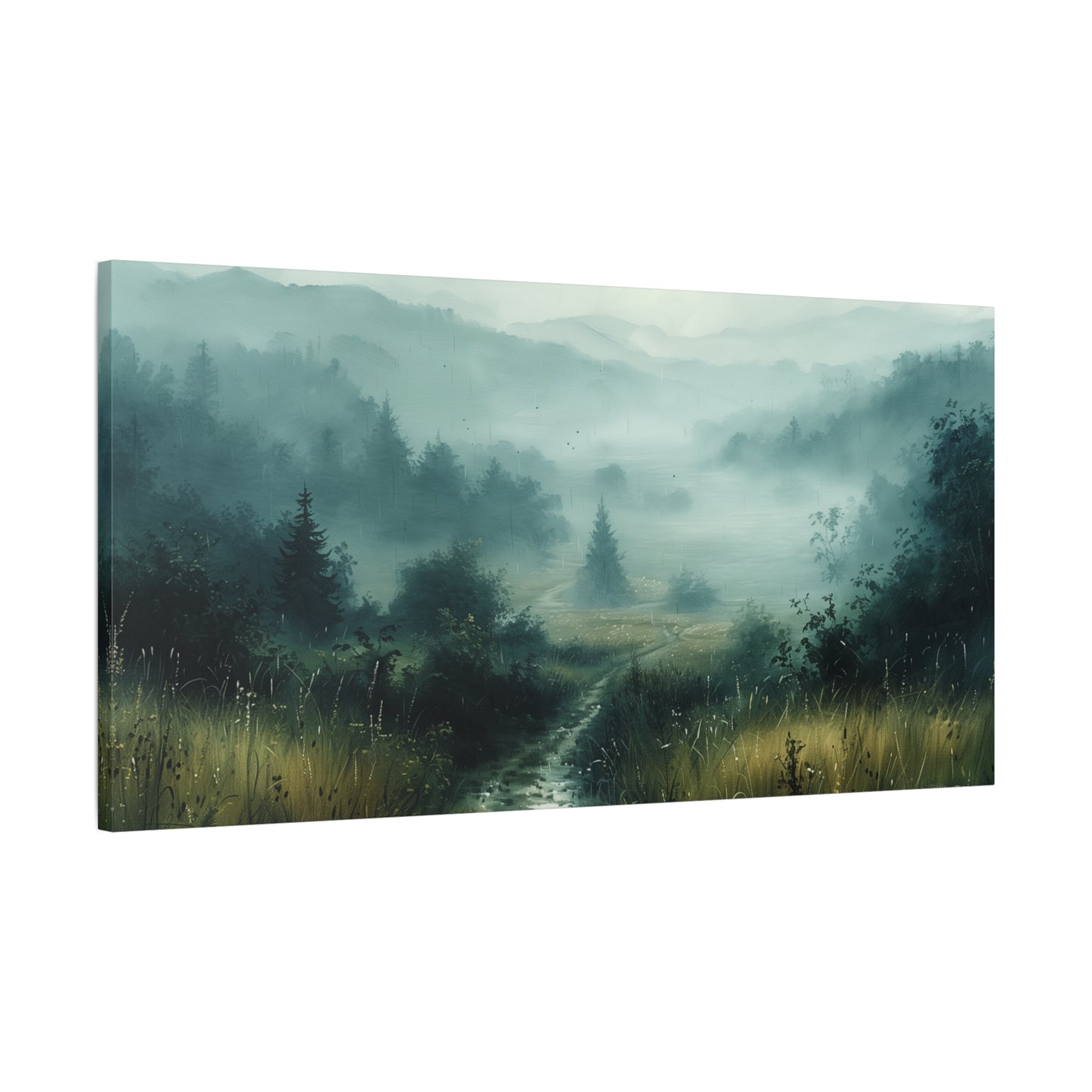 Rain-Soaked Countryside Canvas Print - Moody Gray Landscape Wall Art