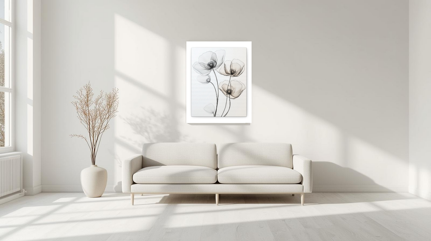 Contemporary Floral Canvas Wall Art - Black and White Poppy Design
