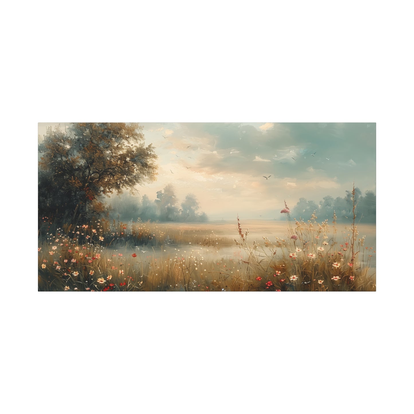 Serene Meadow Dawn Canvas Wall Art - Muted Impressionist Landscape Print