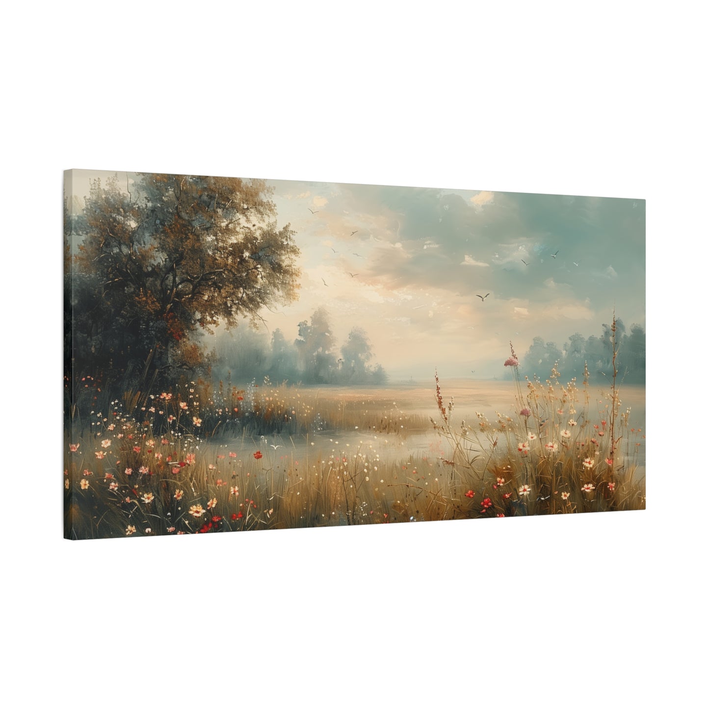Serene Meadow Dawn Canvas Wall Art - Muted Impressionist Landscape Print