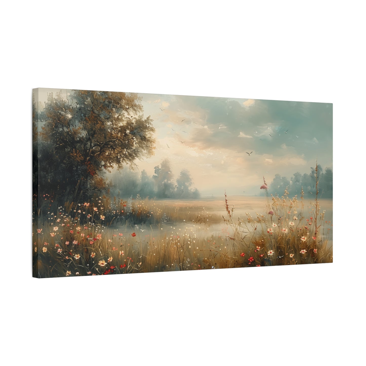 Serene Meadow Dawn Canvas Wall Art - Muted Impressionist Landscape Print
