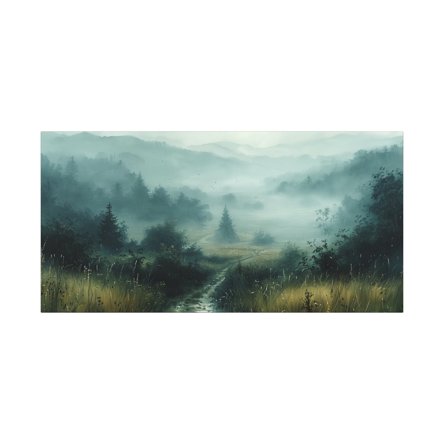 Rain-Soaked Countryside Canvas Print - Moody Gray Landscape Wall Art
