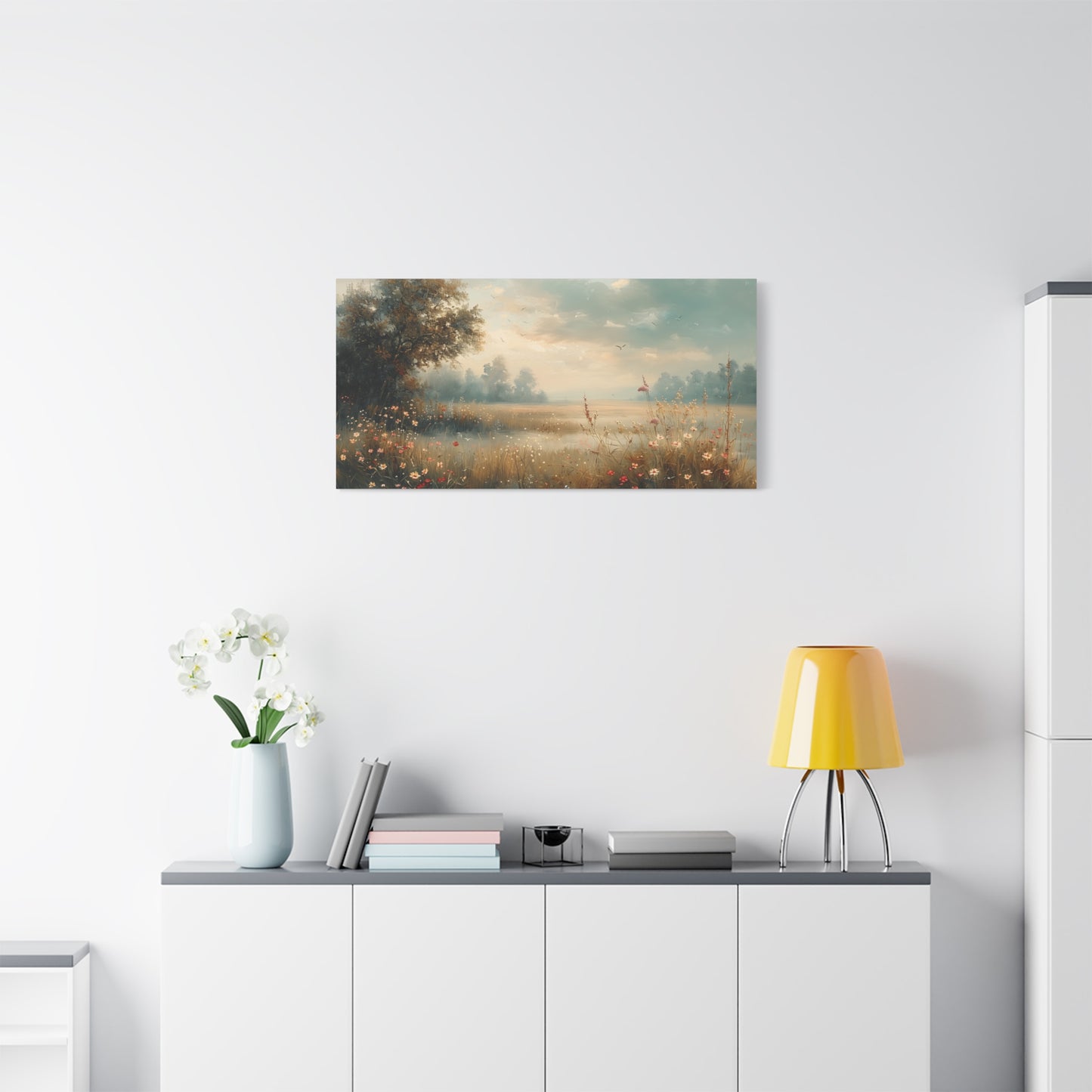 Serene Meadow Dawn Canvas Wall Art - Muted Impressionist Landscape Print