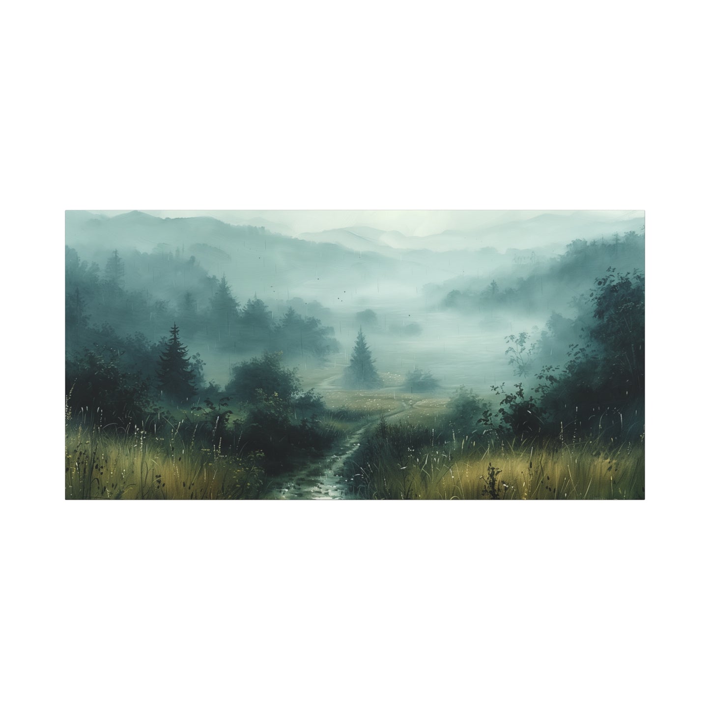 Rain-Soaked Countryside Canvas Print - Moody Gray Landscape Wall Art